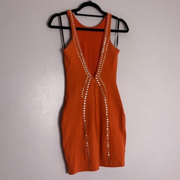 bebe Vibrant Orange Mini Dress with Metallic Details - Picture 4 of 7